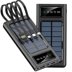 باور بانك شمسي 20000mAh – شاحن محمول مقاوم للماء USB مع كابل مدمج
