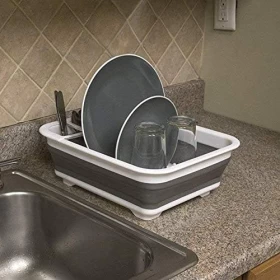 رف تجفيف الصحون القابل للطي مع حامل أدوات المائدة