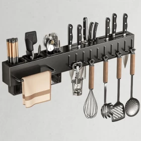 رف حائط للمطبخ 60 سم – حامل أدوات مطبخ مع خطافات وحامل مناشف